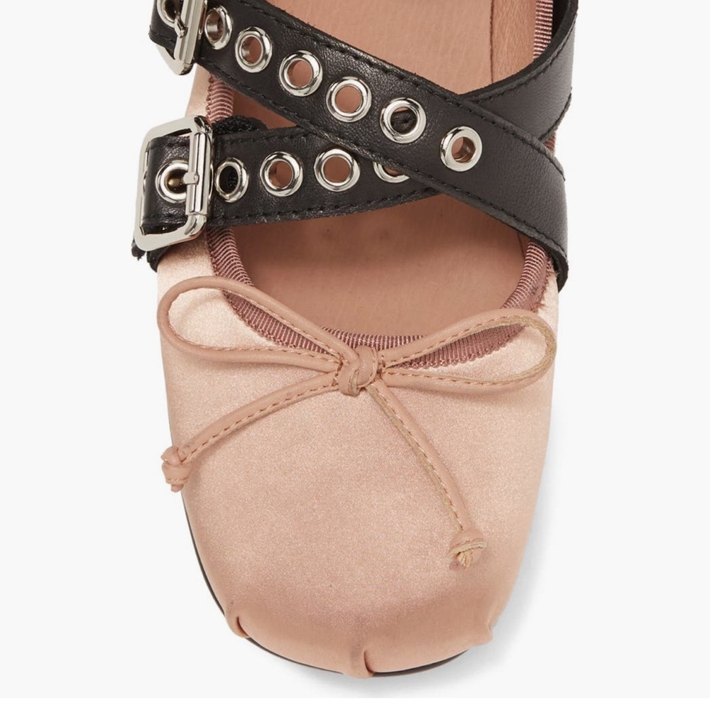 Jeffrey Campbell Choreo ballet flats in pink satin with black buckled straps. - Picture 16 of 16